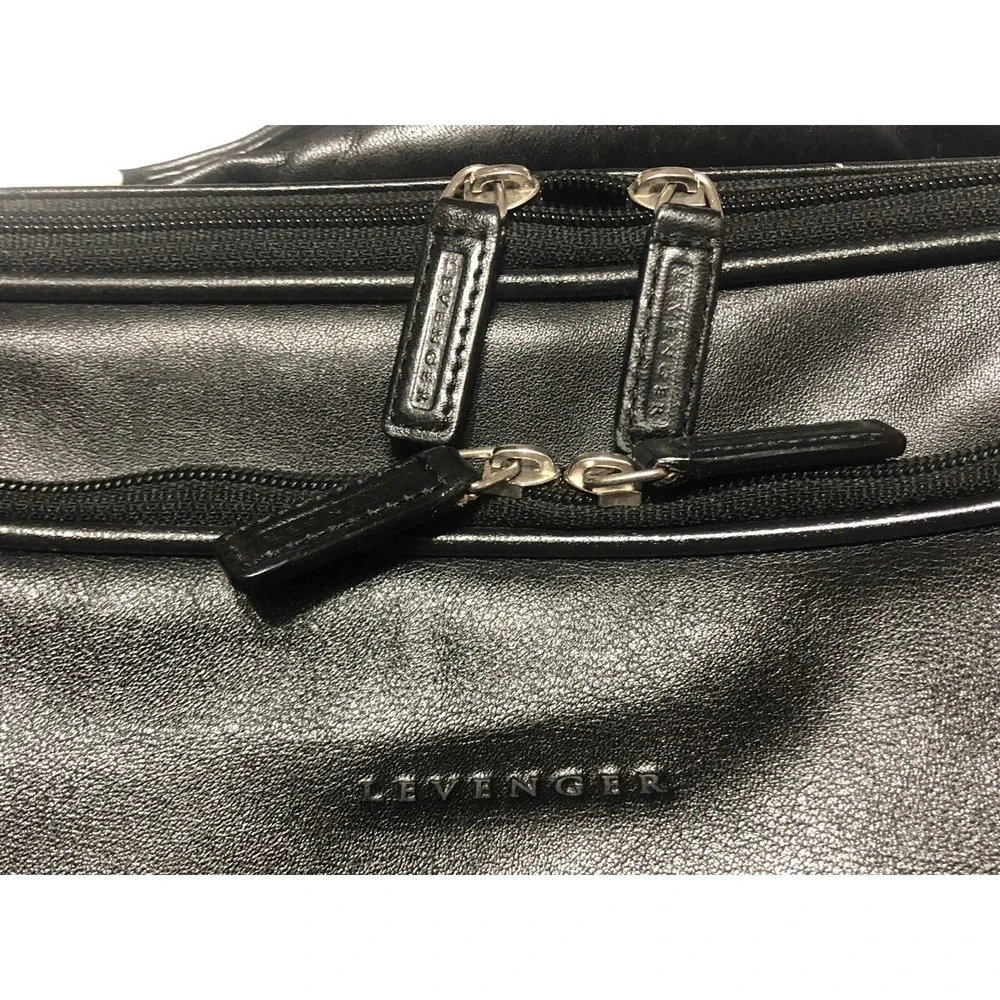 LEVENGER Black Leather Laptop Expandable Briefcase Silver NICKLE Hard Ware USA